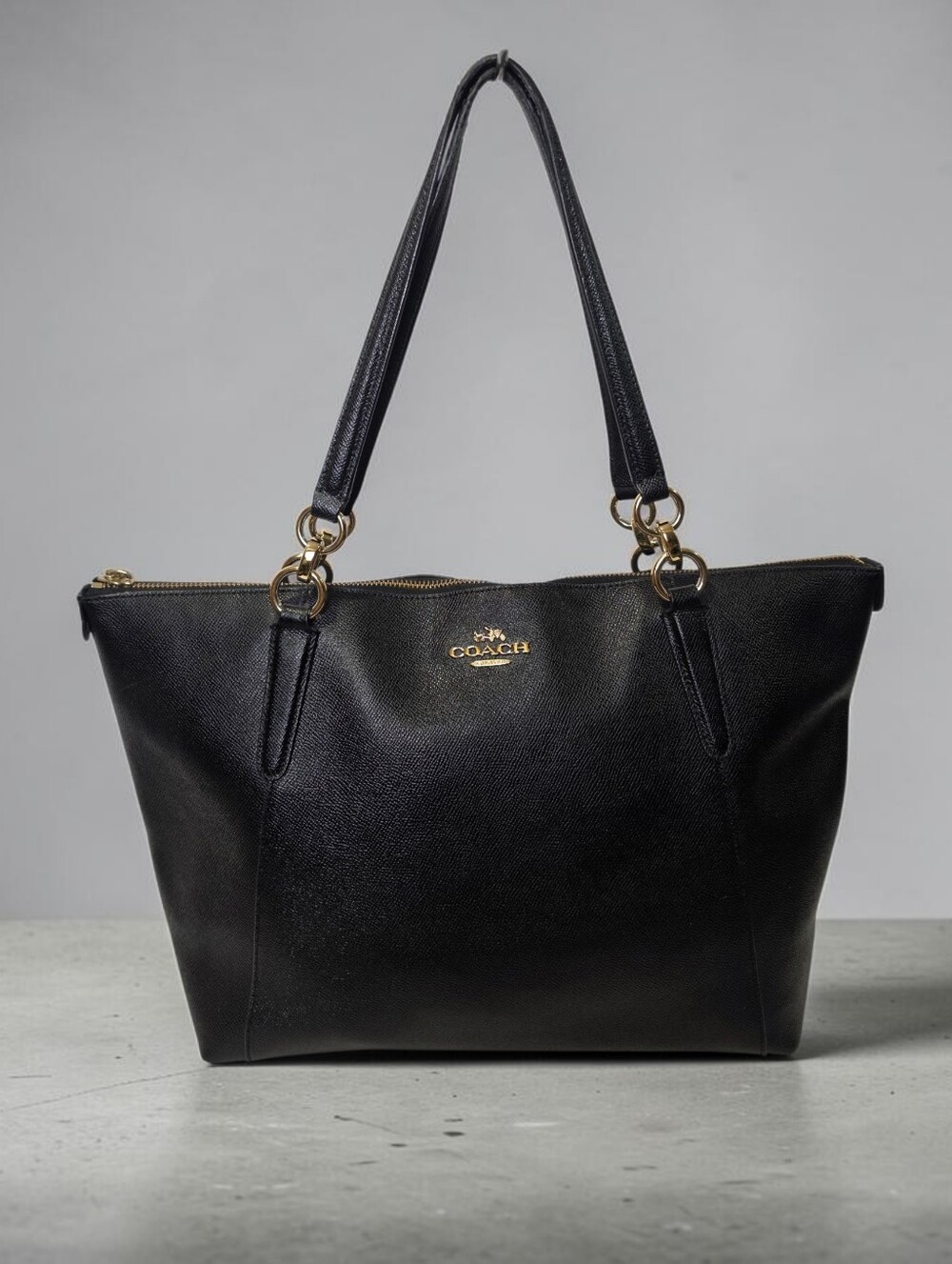 Coach Ava Black Crossgrain Leather Large Tote Shoulder Bag Gold Hardware